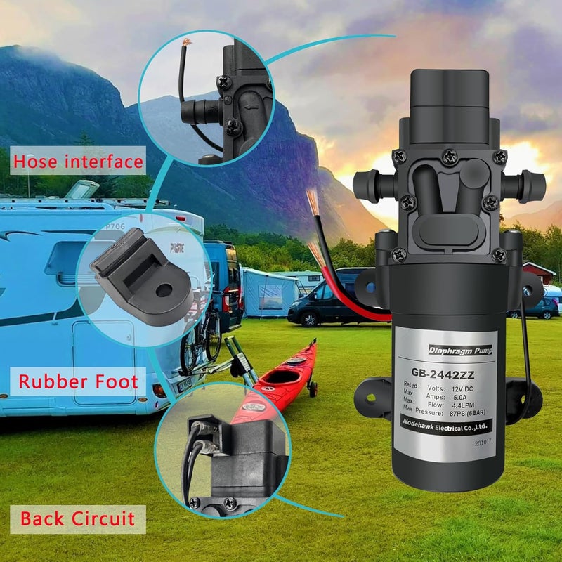 nodehawk DC 12V Diaphragm Pump, Self-Priming Sprayer Pump, 1.2 GPM 87 PSI Pressure Switch Adjustable water pump, With 2 hose clamps, for RV Camping Shower Garden Irrigation - Image 5